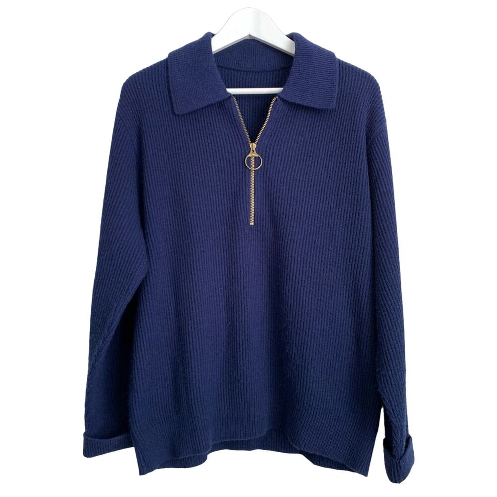 Collard Sweater Ribbed Knit Half-Zip Brass Zipper Pullover Navy Blue M